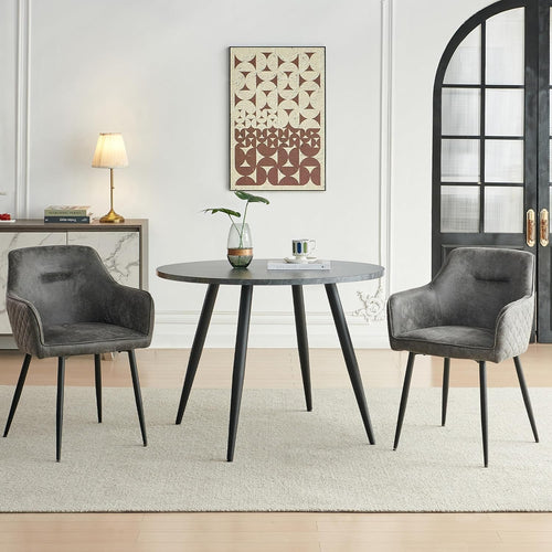 Round Black Marble Dining Table Set with 2 Grey Faux Suede Chairs Kitchen