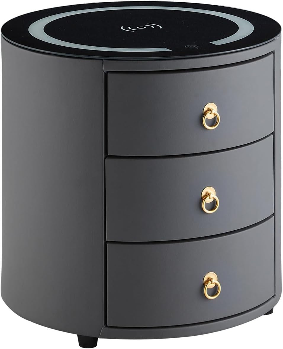 Luxury Round Bedside Table with Wireless Charging, LED Light & 3 Drawers