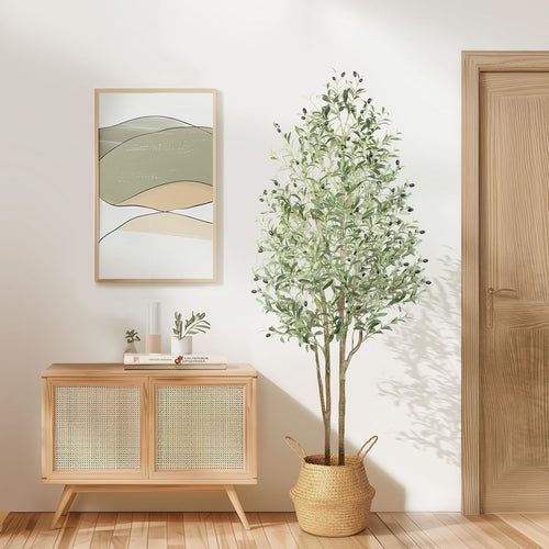 6FT Faux Olive Tree with White Pot Natural Wood Trunk Tall Indoor Floor Decor