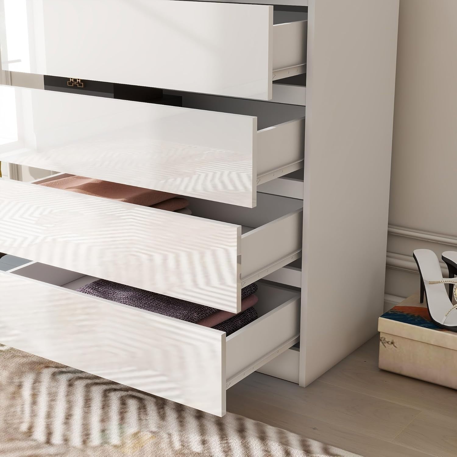 White 5 Drawer High-Gloss Chest Modern Storage Cabinet Bedroom Organizer