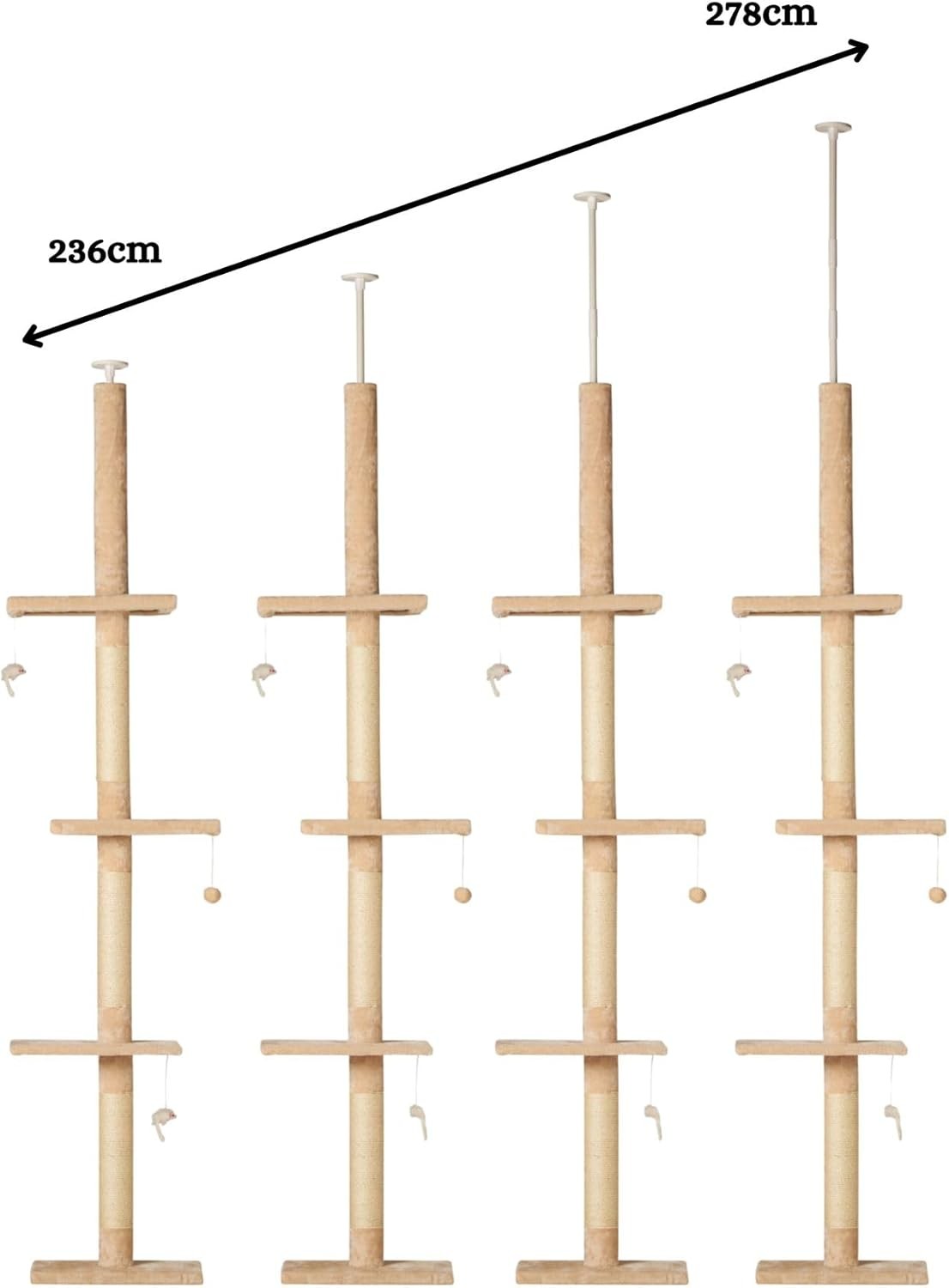 Floor to Ceiling Cat Tree Adjustable 236–278cm Tall Scratching Climbing Tower