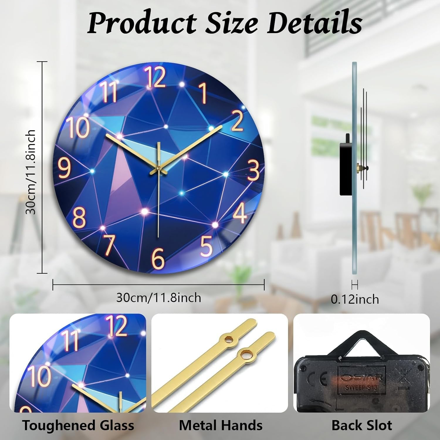 30cm Geometric Pattern Wall Clock – Silent Non-Ticking Modern Glass Design