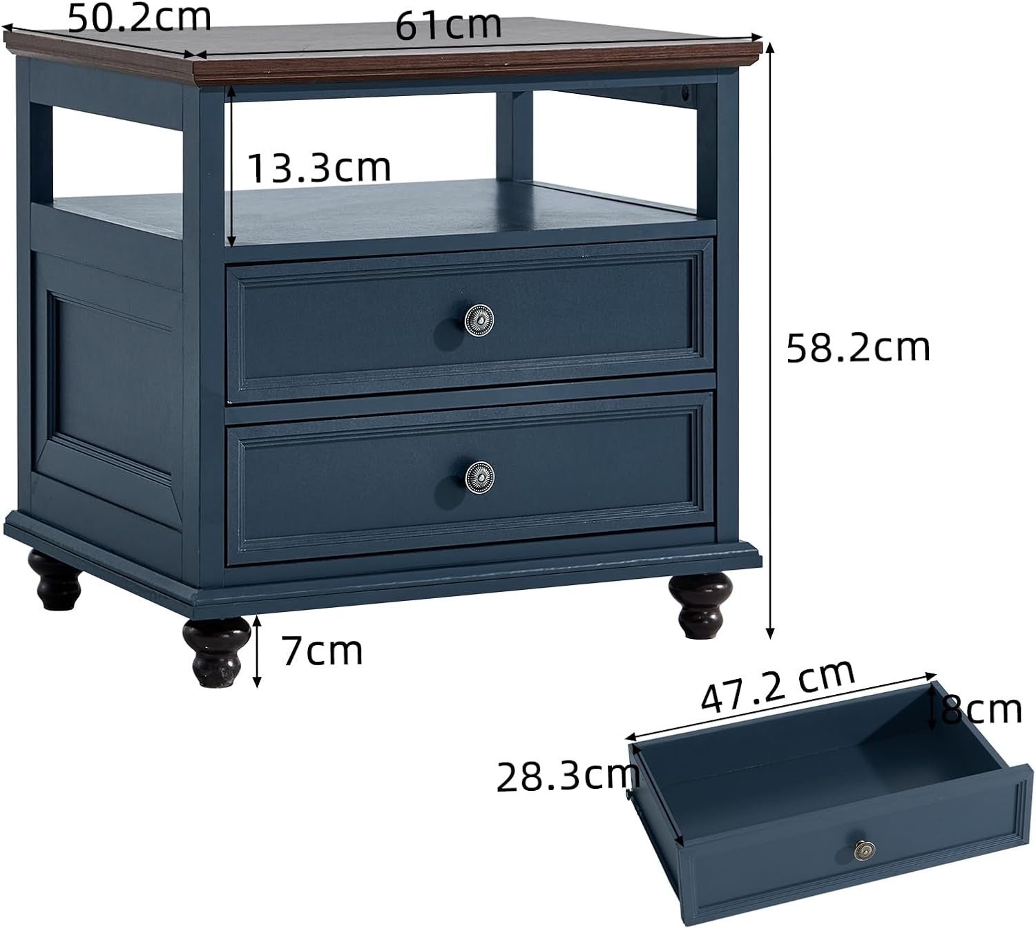 Blue Wooden Bedside Table with Drawers & Open Shelf