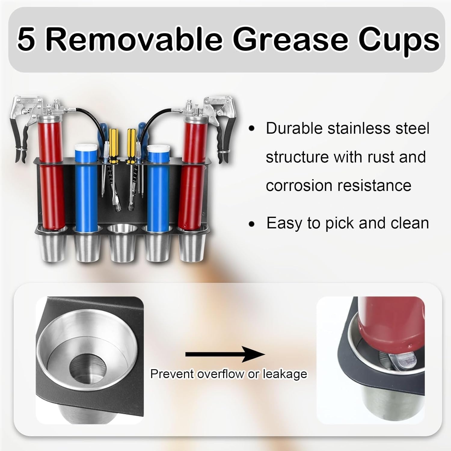 Wall-Mount Grease Gun Holder Rack Black 2 Guns 5 Drip Cups