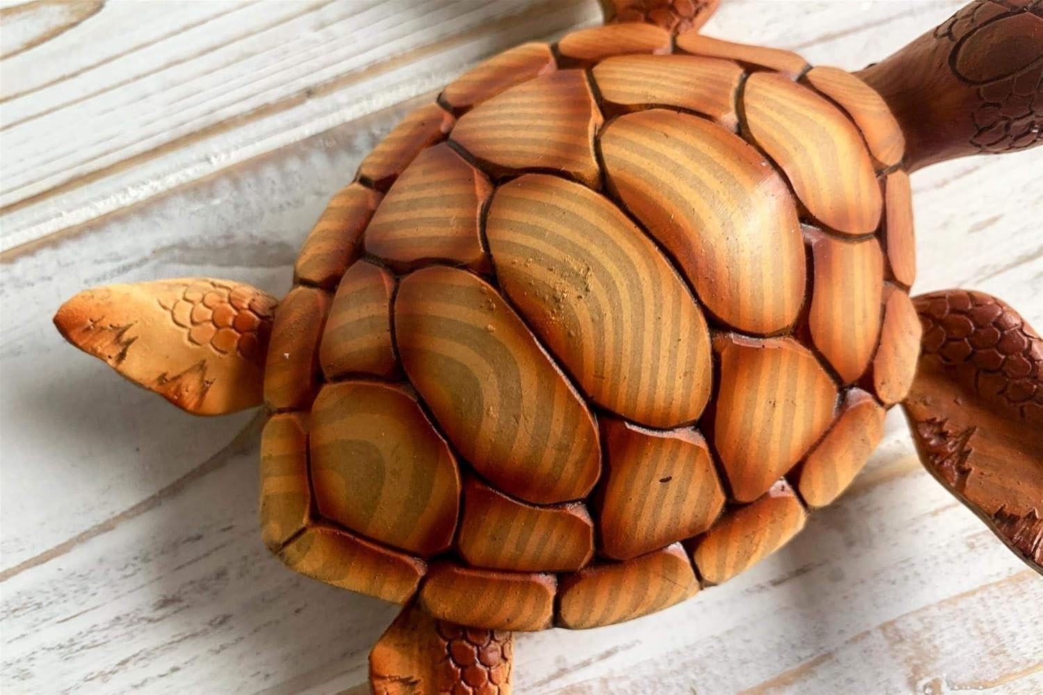 Nautical Wood Effect Turtle Ornament 18cm • Coastal Sea Life Decor