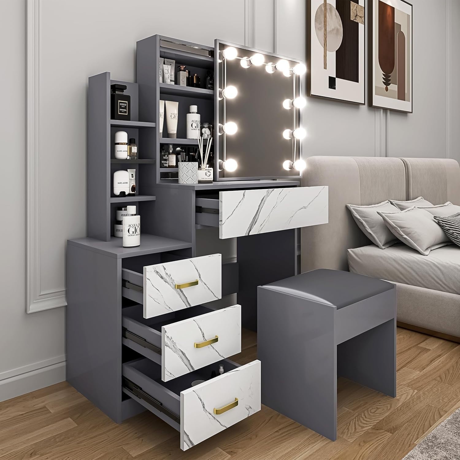 Corner Vanity Desk w/LED Mirror Lights 3 Drawers Cabinet Shelves Space Saver
