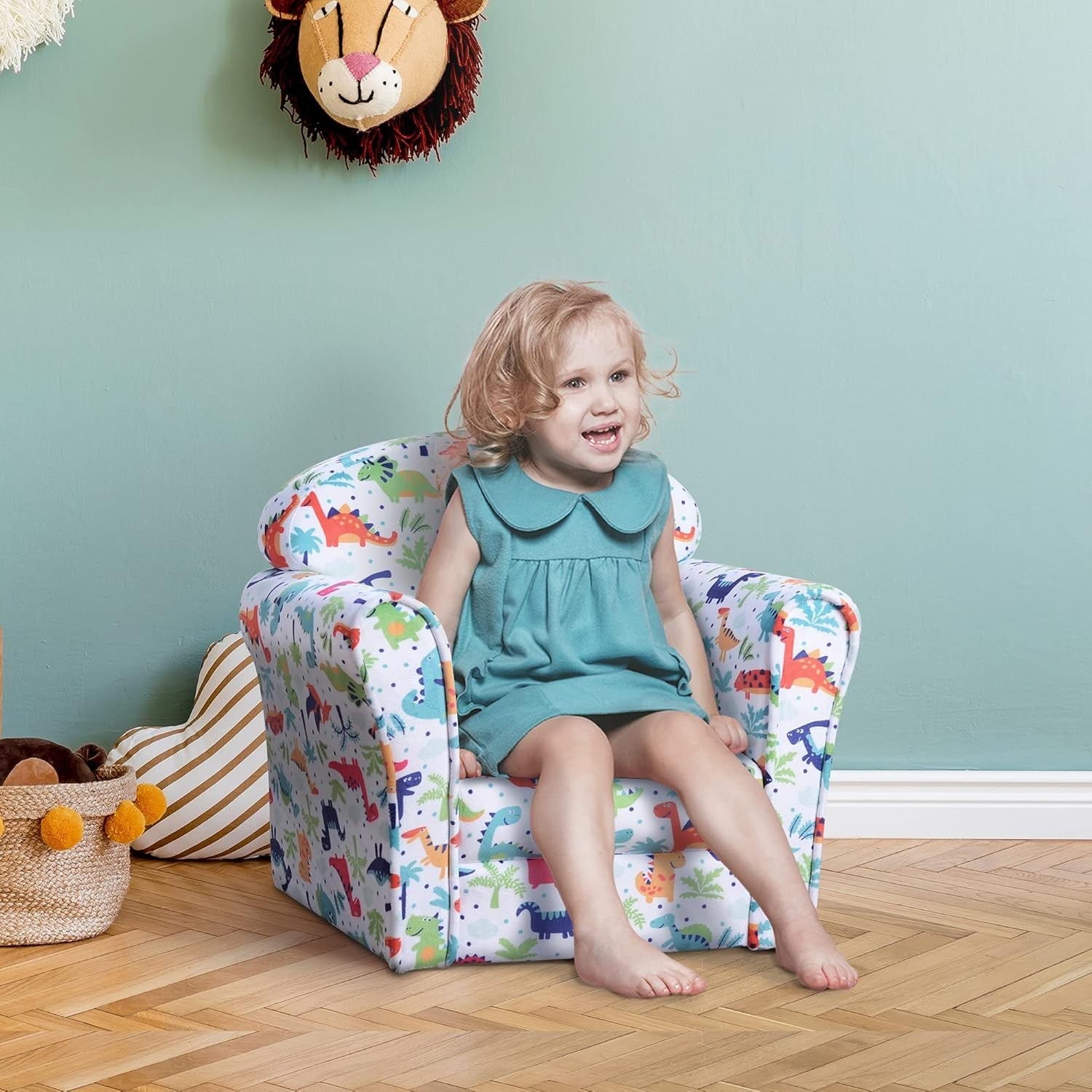 Kids Dinosaur Armchair Flannel Sofa Tub Chair Wooden Frame Bedroom