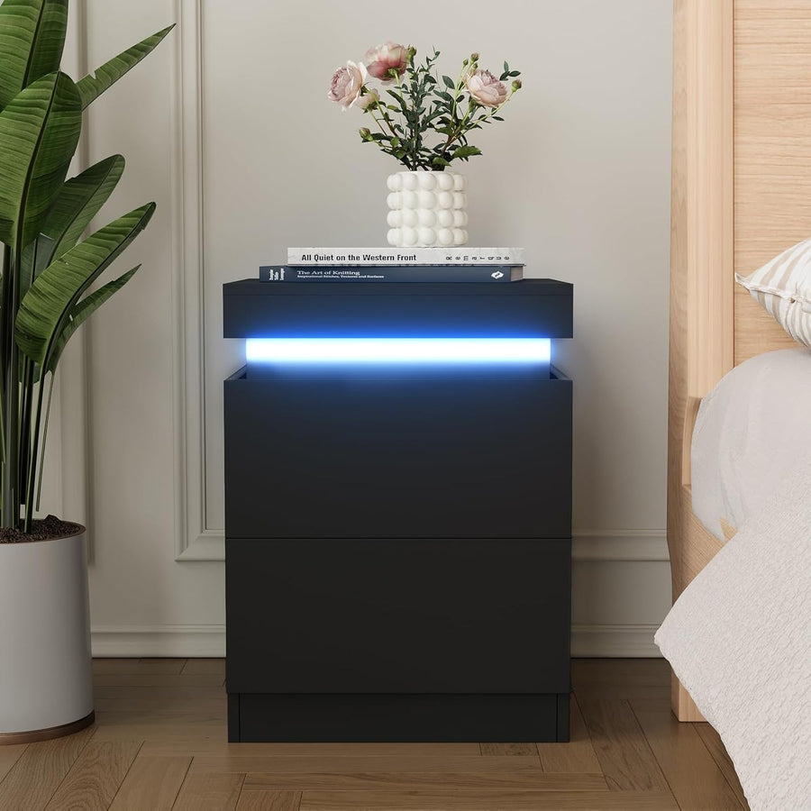 Modern LED Bedside Table with 2 Drawers & USB Charging
