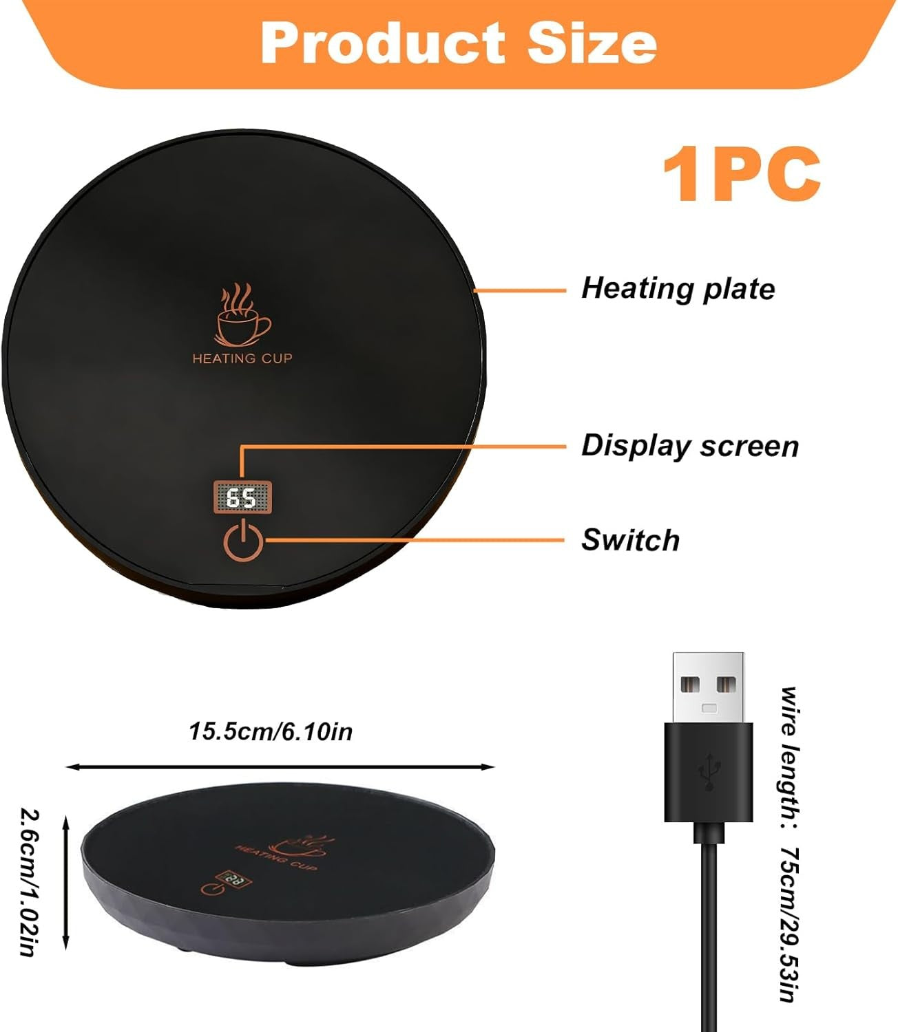 Black USB Coffee Mug Warmer 3 Temp Touch Control 24H Auto Off