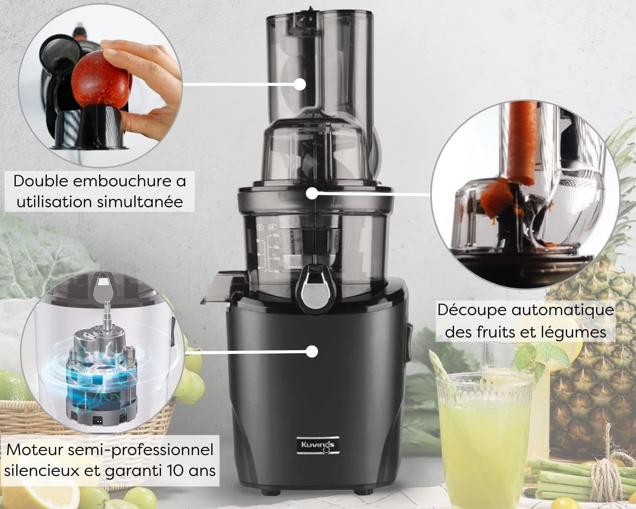 Cold Press Slow Juicer Auto Cutting Dual Feed Chute High Yield Quiet