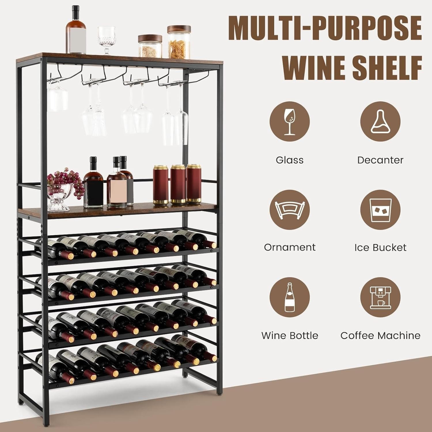 6 Tier Wine Rack 32 Bottle Bar Cabinet with Glass Holder & Display Shelves