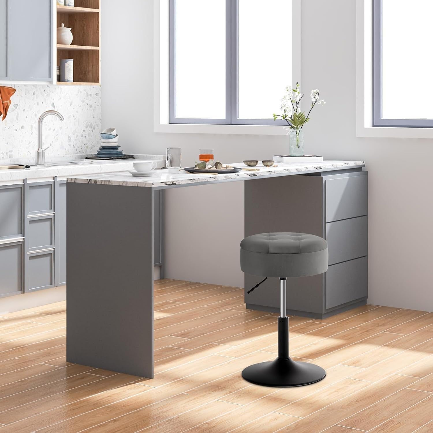 Dark Grey Velvet Swivel Vanity Stool with Storage Round Adjustable Seat