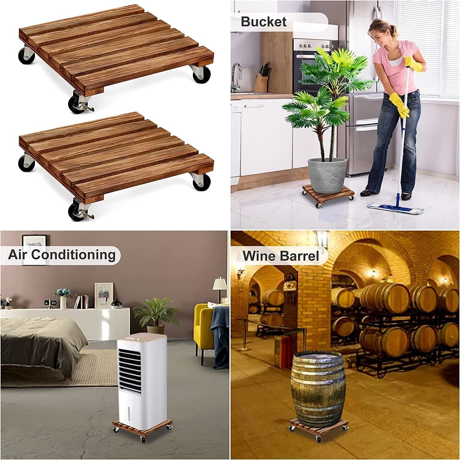 2 Pack Wooden Plant Caddy with Wheels Heavy Duty Rolling Stand 30cm Indoor