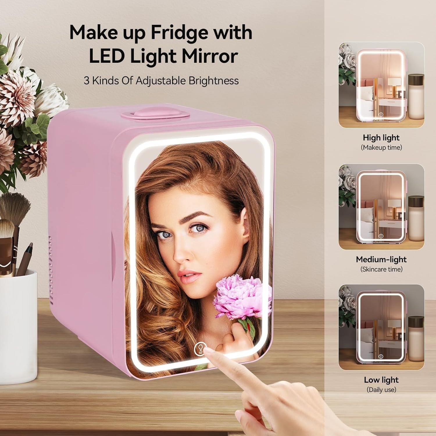 8L Portable Mini Skincare Fridge Cooler & Warmer LED Mirror AC/DC Pink
