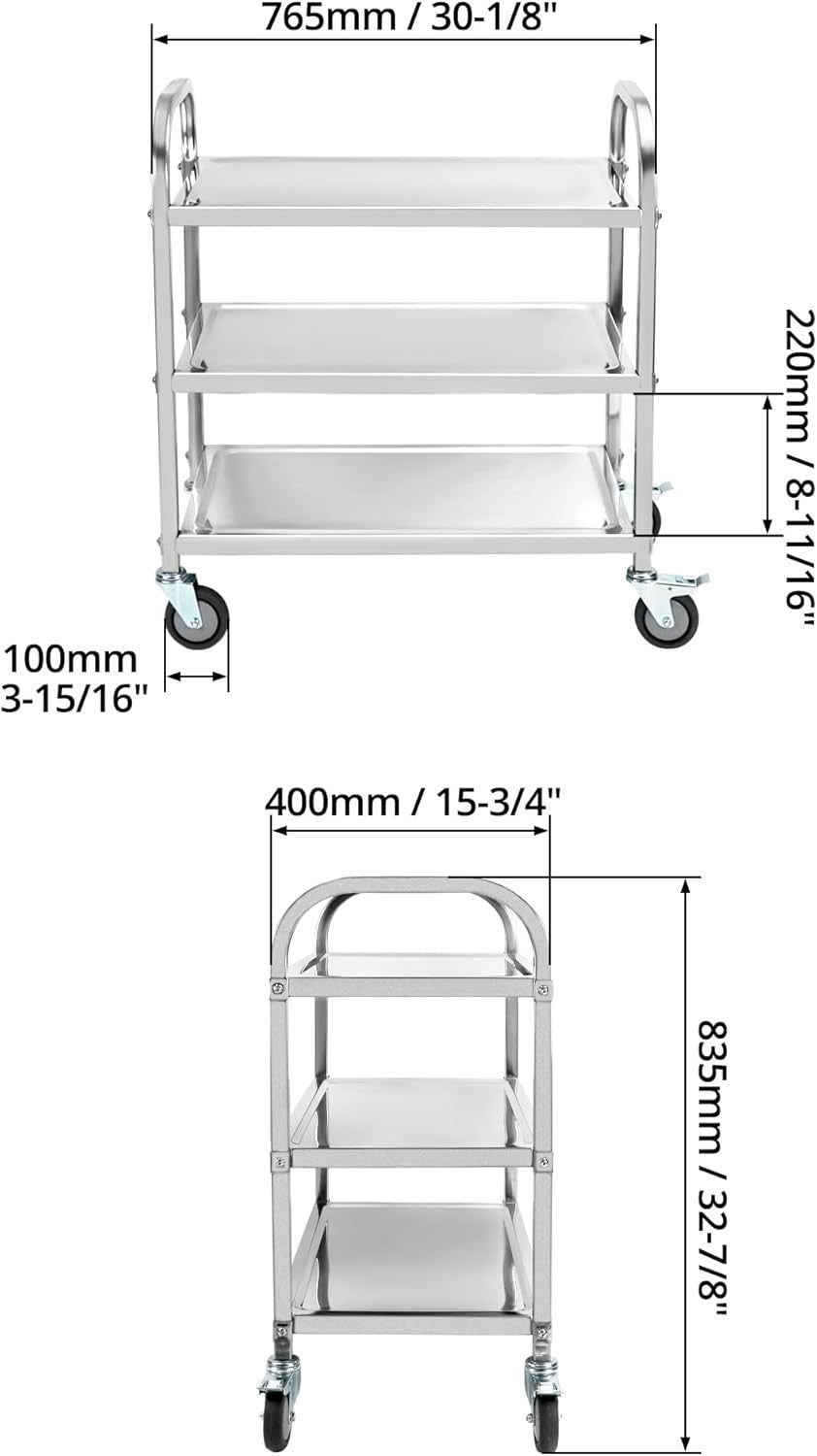 3 Tier Stainless Steel Serving Trolley 75x40x83.5cm