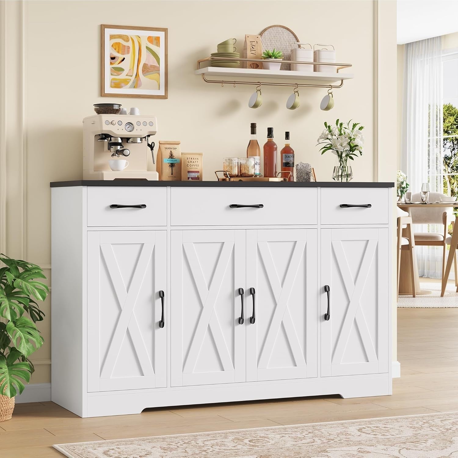 White & Black 140cm Kitchen Sideboard 3 Drawers 4-Door Adjustable Shelf