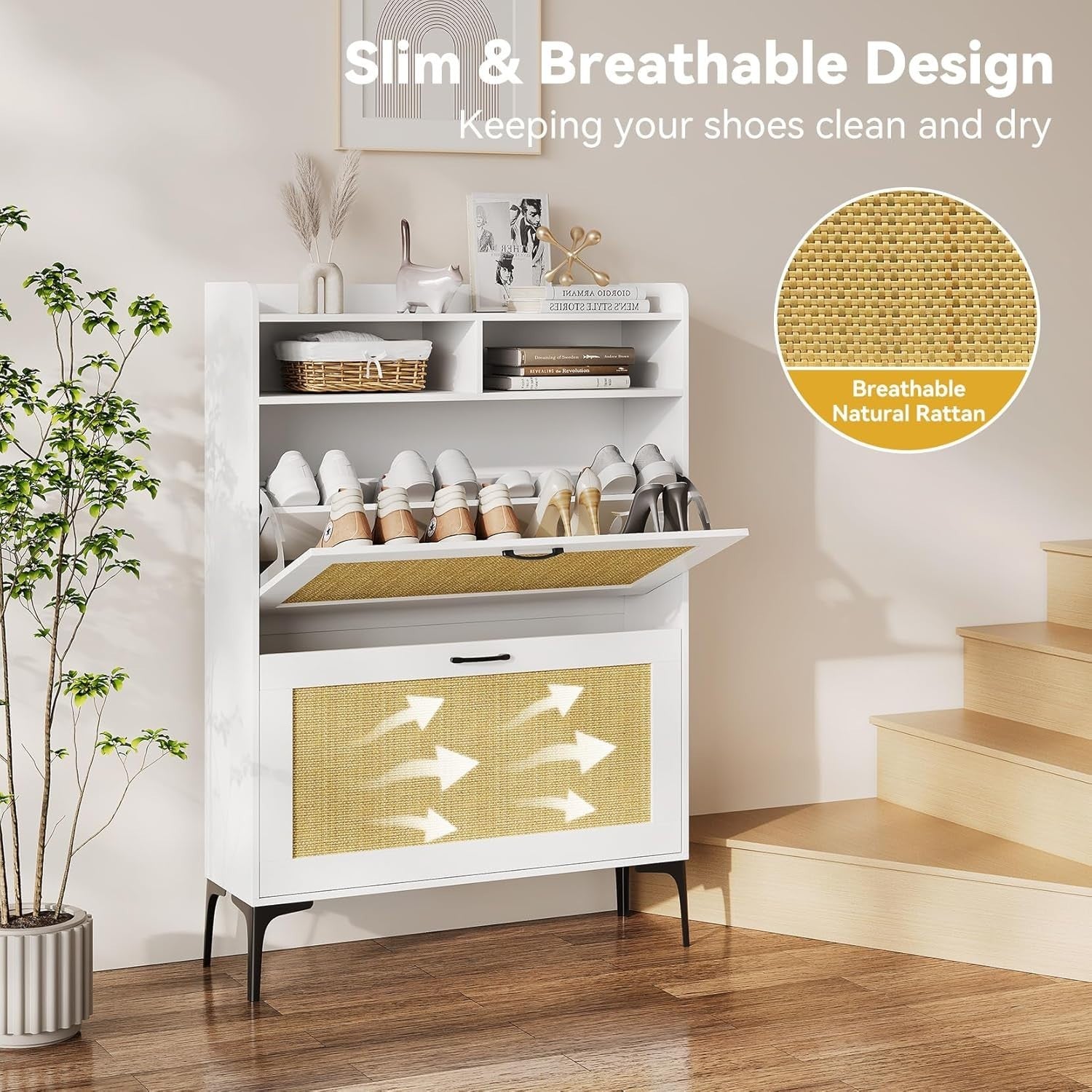 Slim Rattan White Shoe Cabinet with Flip Drawers & Open Shelves 80x24x114cm