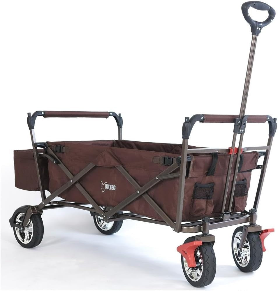 Brown Kids Folding Wagon Push Pull Stroller Cart w/ Canopy & Storage Bag