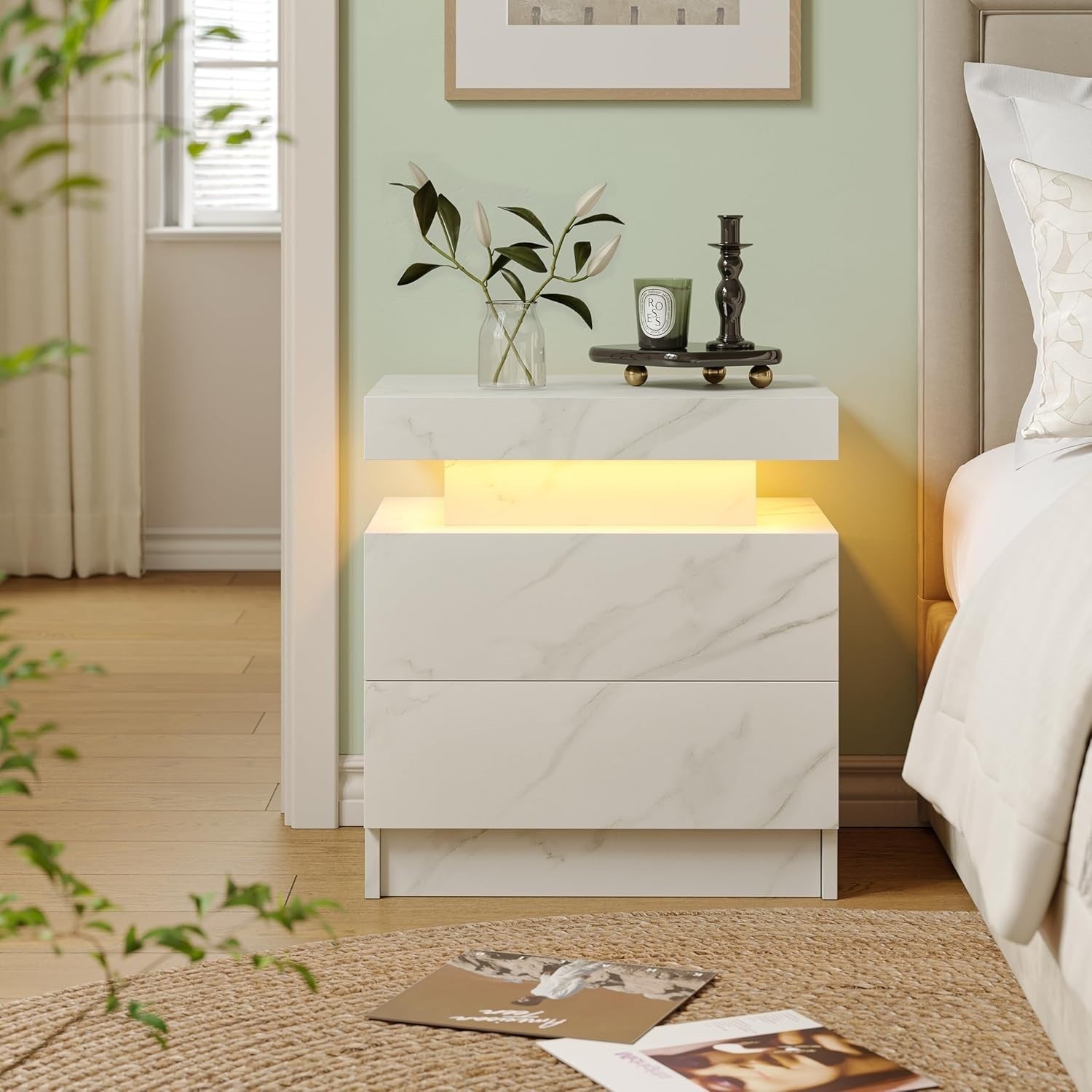 Modern Marble White LED Bedside Table with Drawers – RGB Light Nightstand