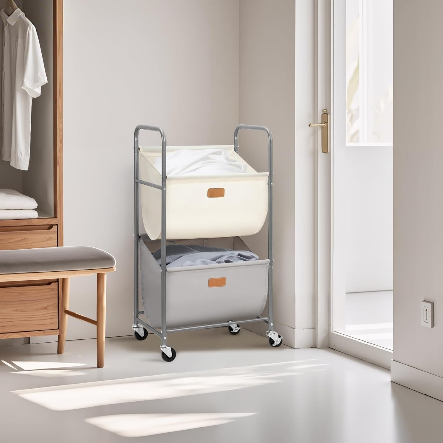 2 Tier Vertical Rolling Laundry Hamper 80L Removable Bags Space Saving Cart