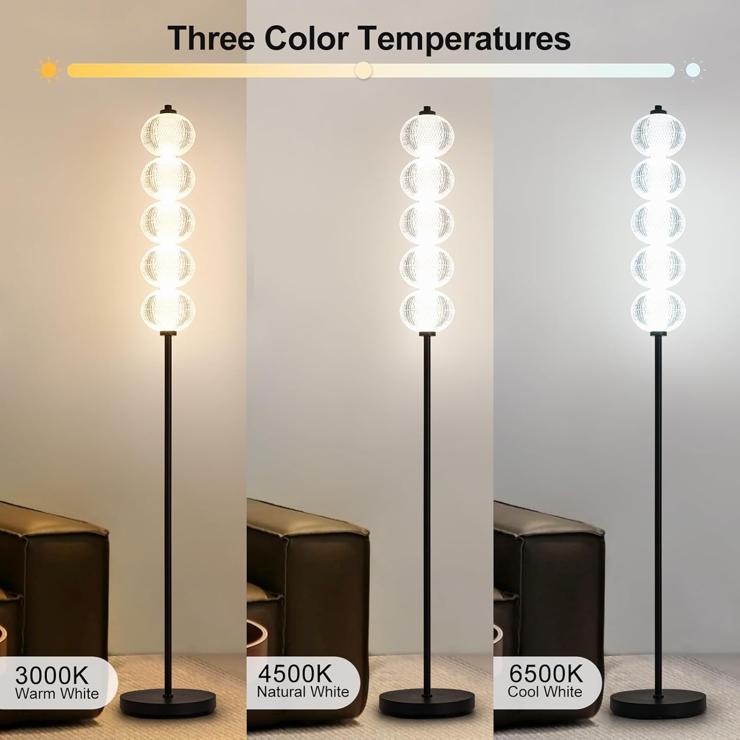 LED Floor Lamp Black 20W 2400LM Dimmable 3 Colour Modern Standing Light