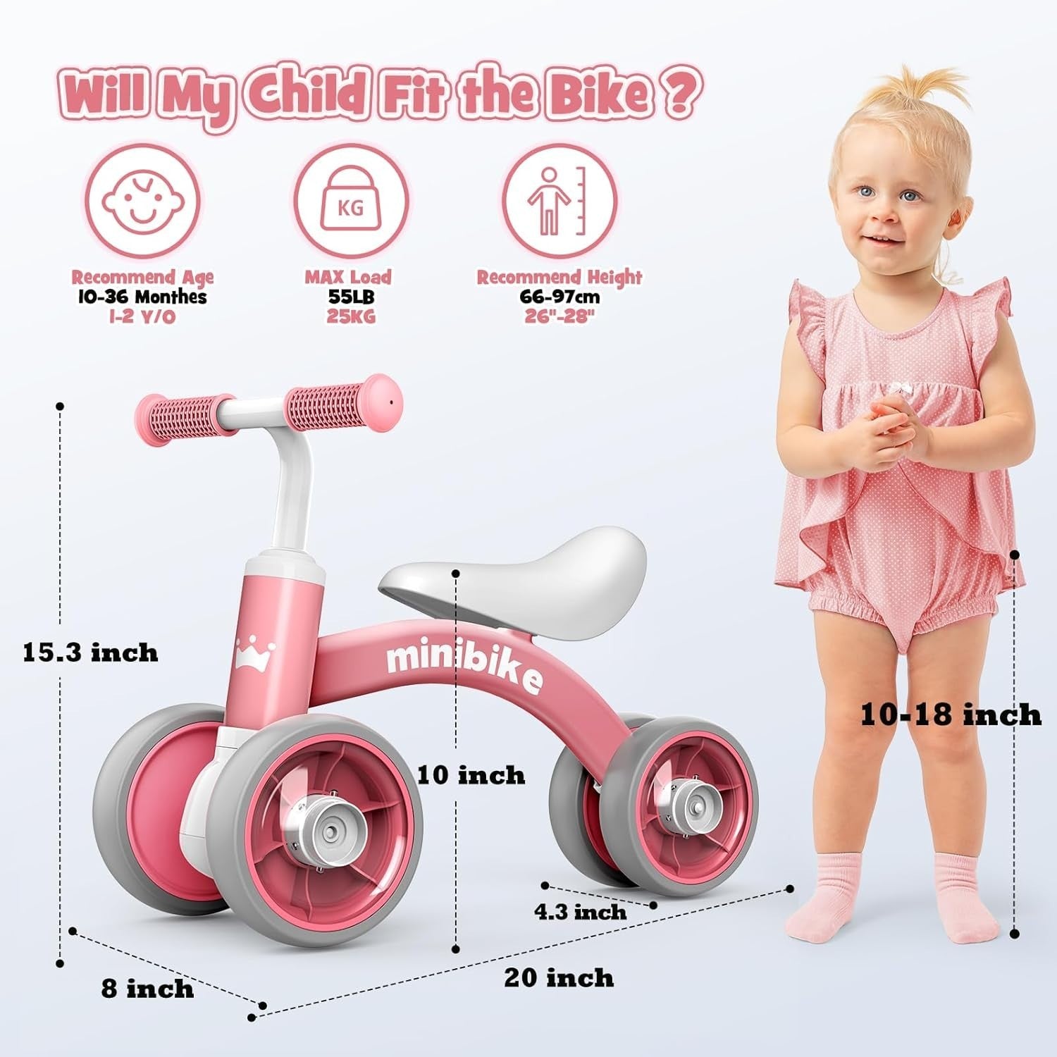 Baby Balance Bike LED Light Wheels Toddler Ride On Toy Girls 1-3 Years