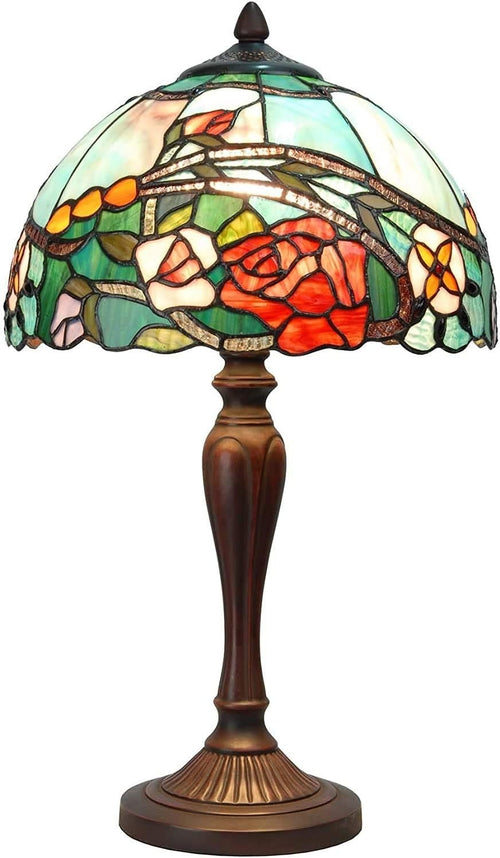 Tiffany Style Rose Stained Glass Table Lamp with 12" Shade, 21" Tall
