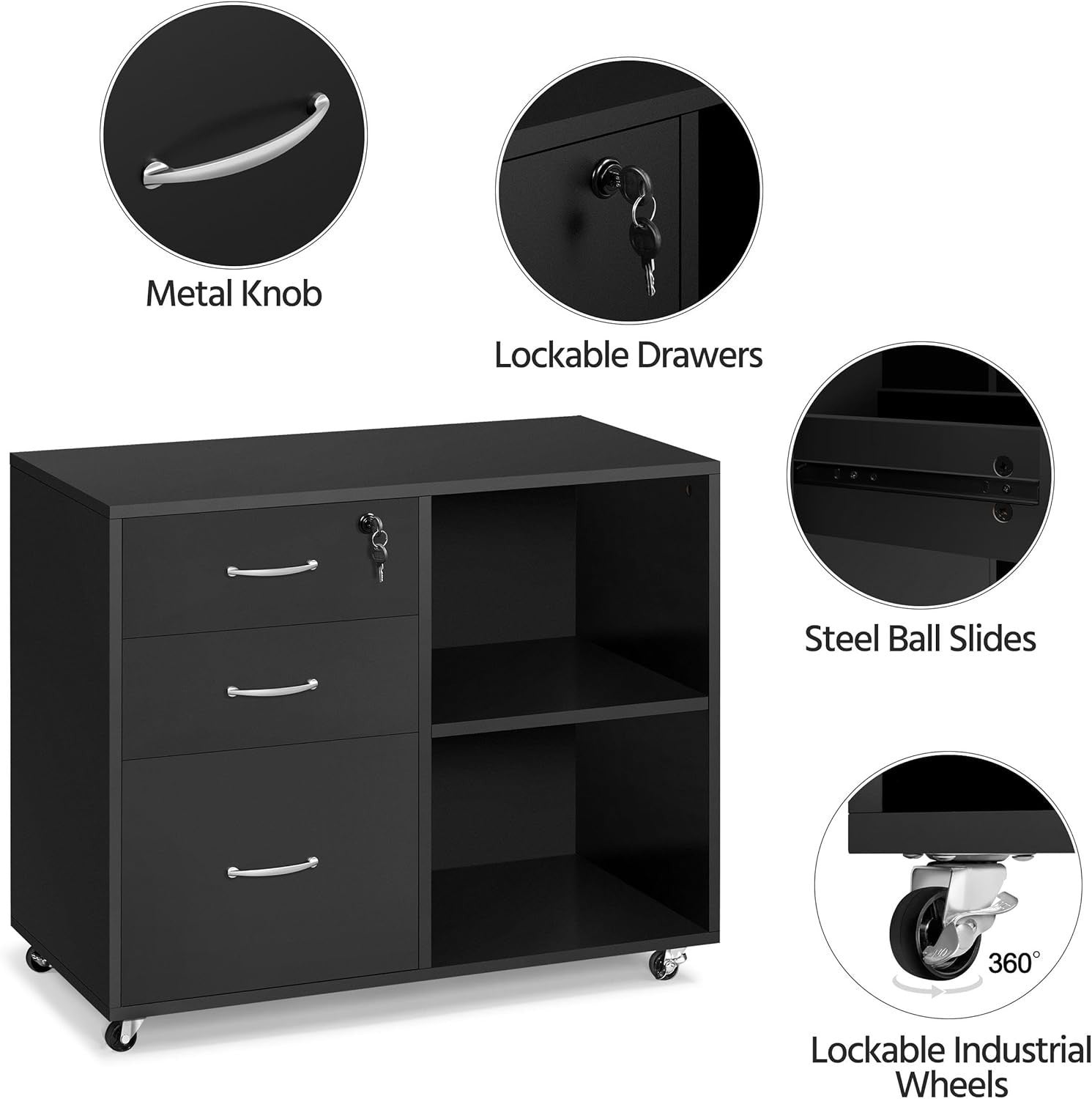 Black Mobile Filing Cabinet with 3 Drawers and Shelves Office Storage Unit