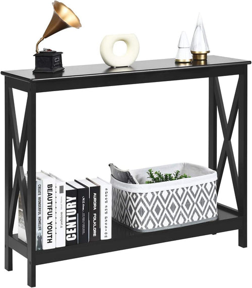 Slim Black Console Table with Shelves – 2-Tier Entryway Hallway Unit
