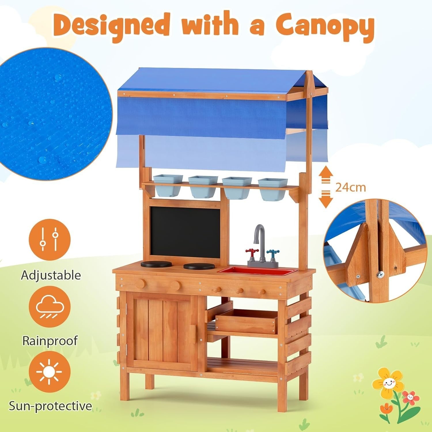 Kids Mud Kitchen Outdoor Wooden Potting Bench Sink Canopy Toy Set