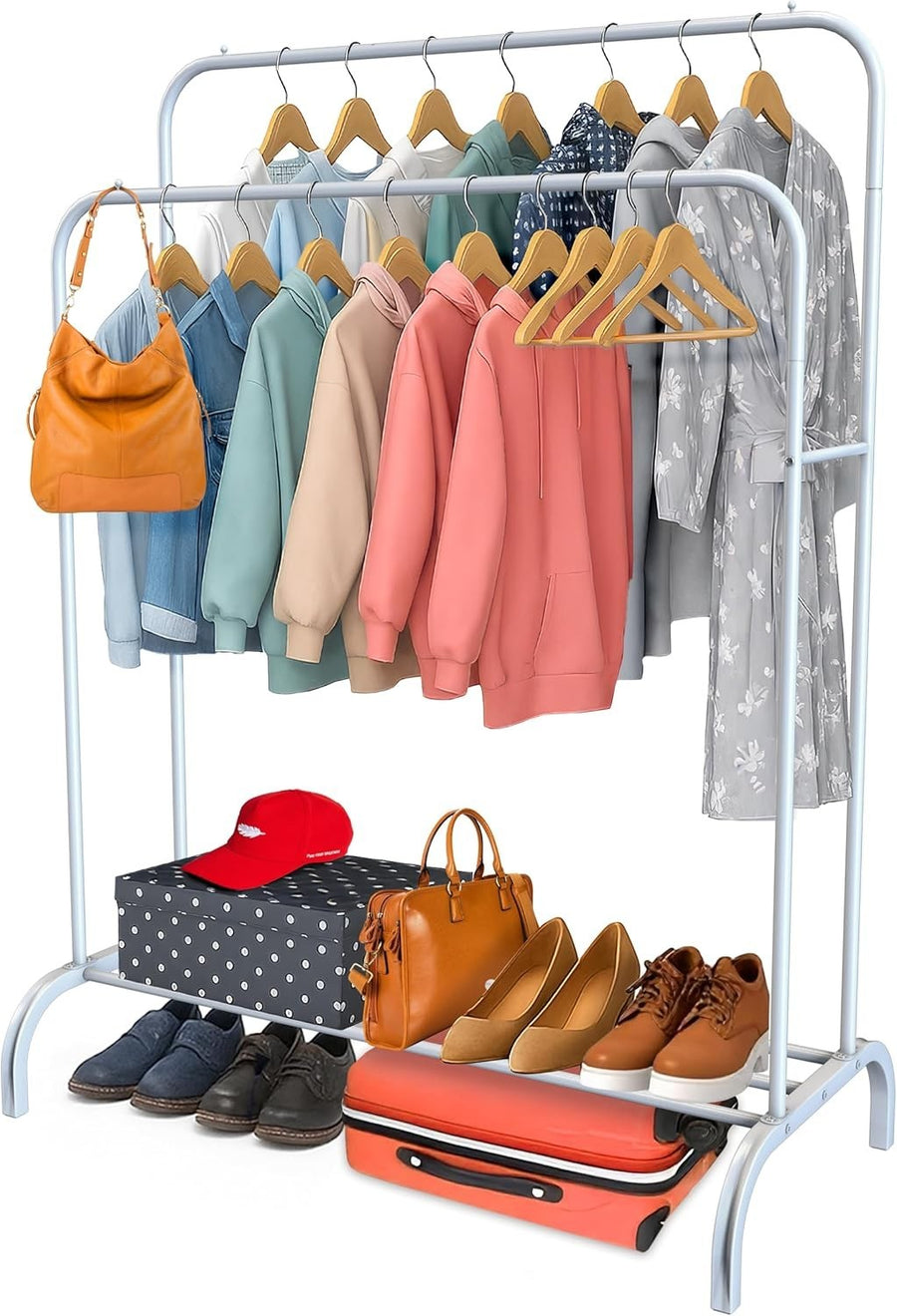 Heavy Duty Double Clothes Rail with Shoe Shelf - White