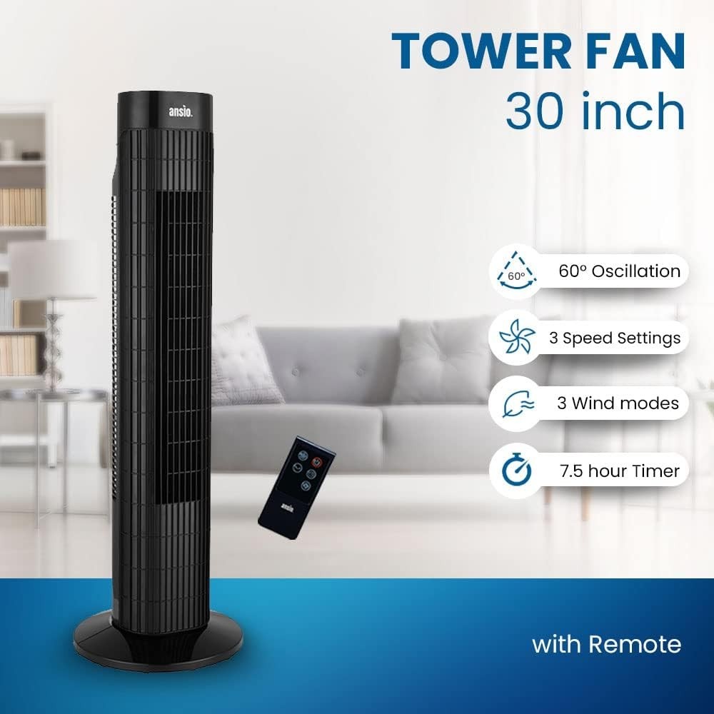 30-Inch Oscillating Tower Fan with Remote – 3 Speed Bladeless Cooling Fan