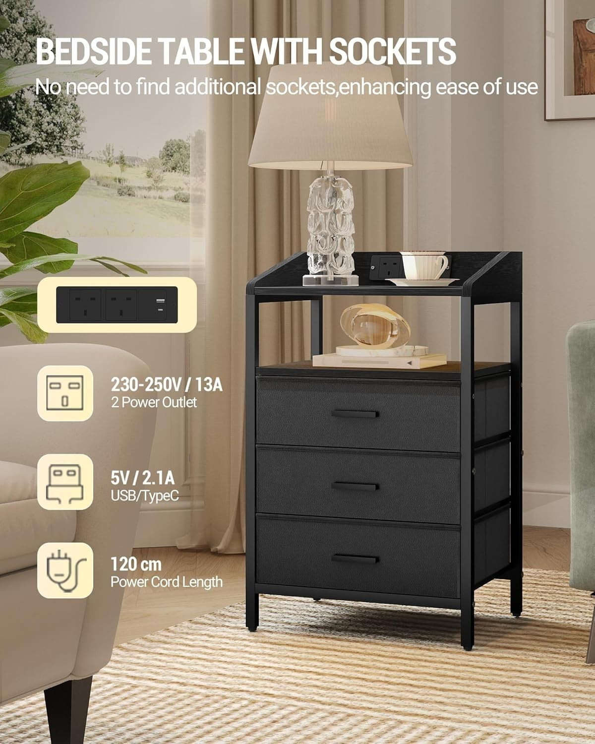 Black LED Bedside Table with USB Ports & 3 Drawers – Modern Nightstand