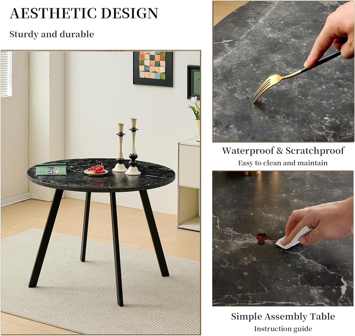 4 Orange Velvet Dining Chairs & Black Marble Round Table Set for Kitchen