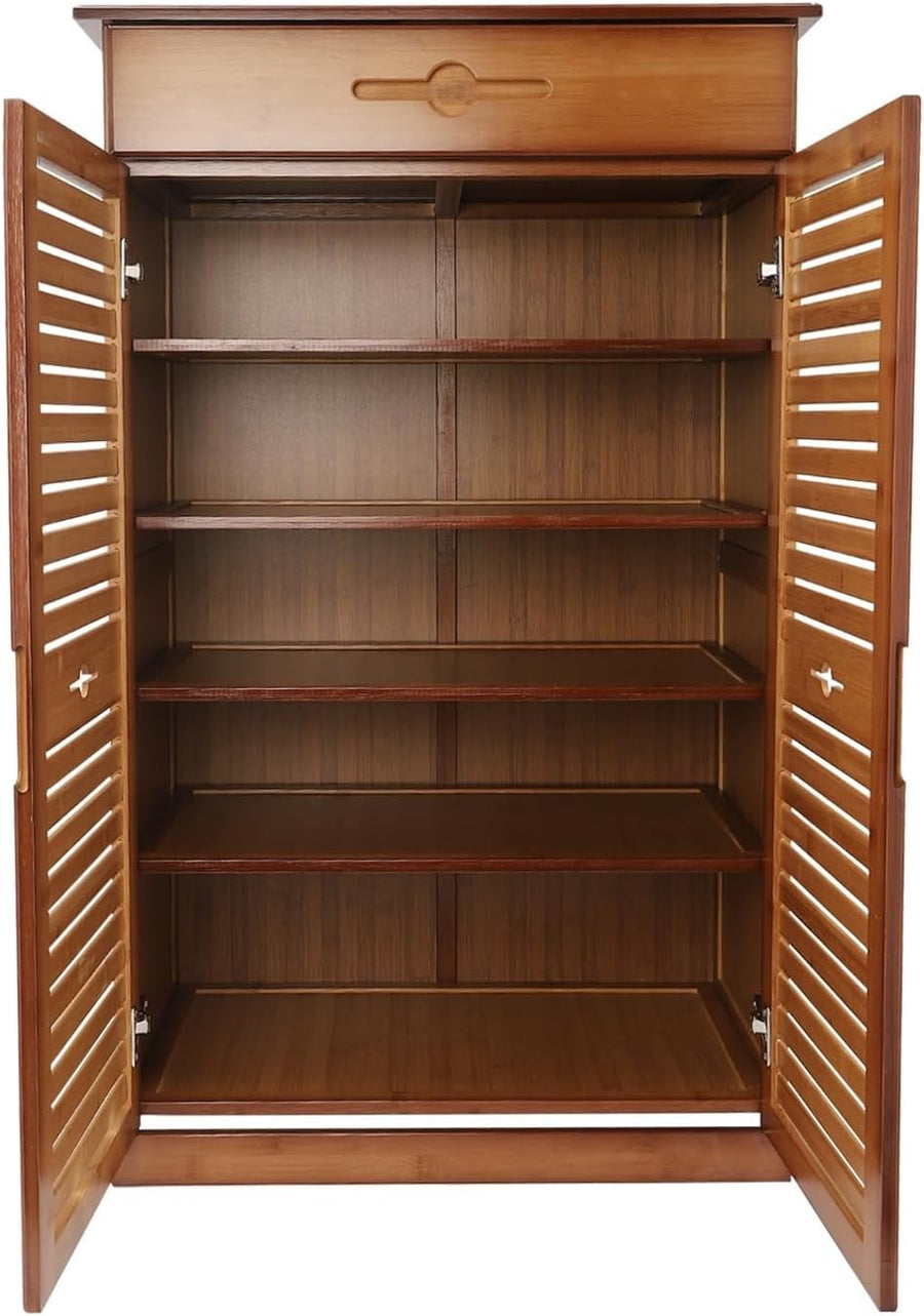 Dustproof 5-Tier Bamboo Shoe Cabinet with Drawer & Doors, Adjustable Storage