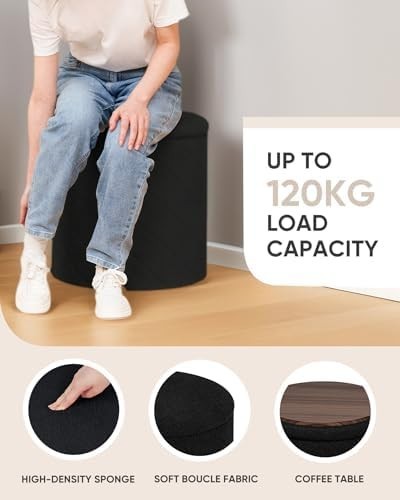Black Round Storage Ottoman Footstool 3-in-1 Seat with Lid 43x43x45cm