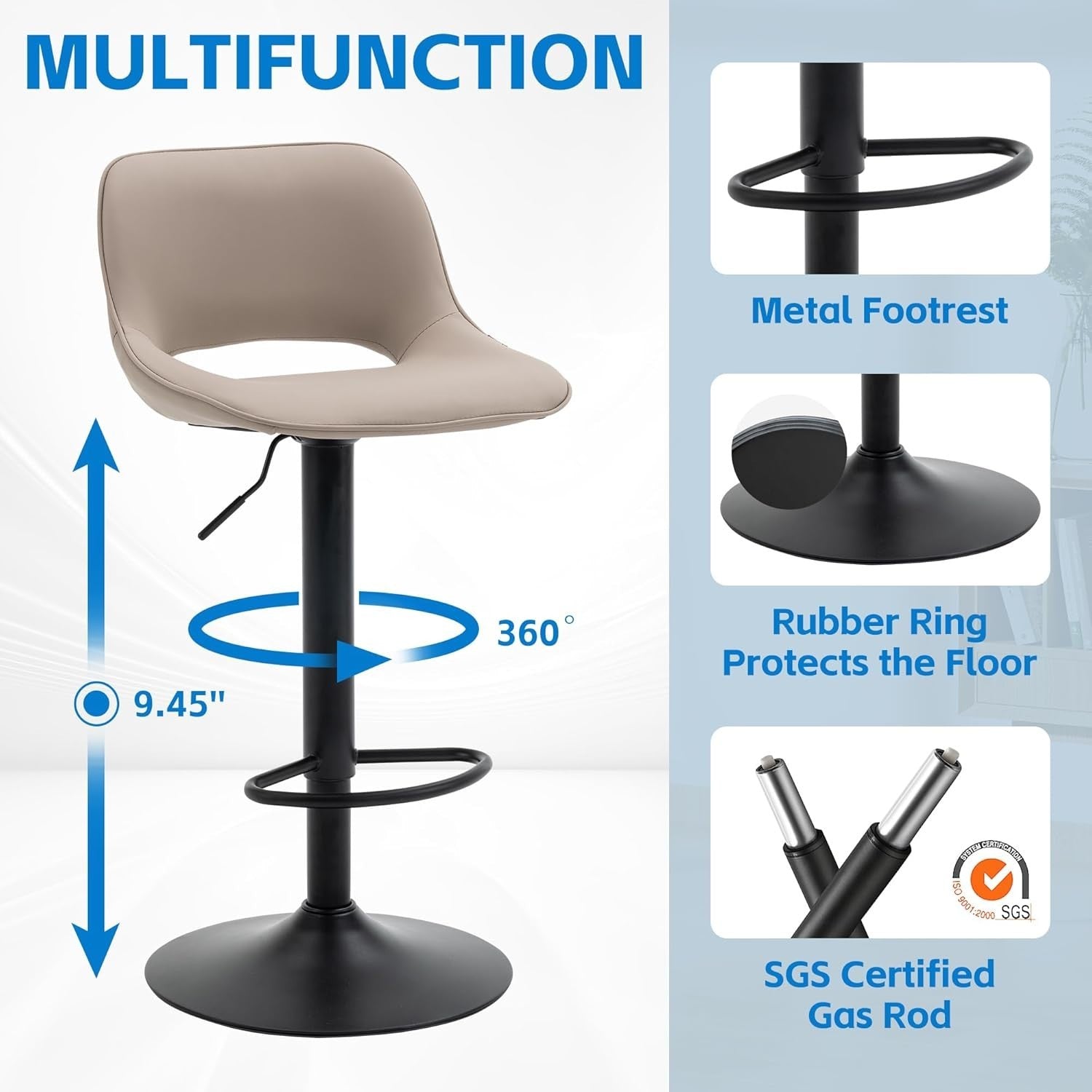 Adjustable Swivel Bar Stools 2pcs Faux Leather Counter Height Khaki