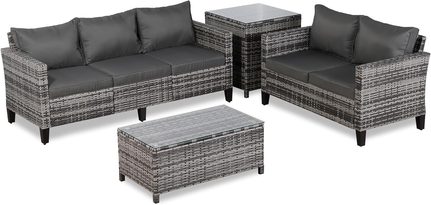 5 Seater Rattan Patio Sofa Set with Dual Coffee Tables Luxury Garden Lounge