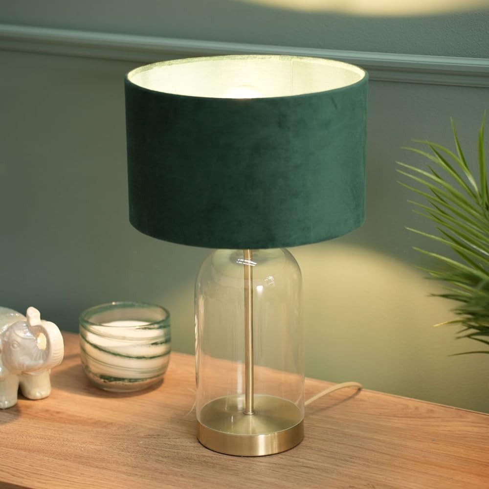 Gold Glass Table Lamp Green Velvet Shade Bedside Desk Lamp Bulb Included