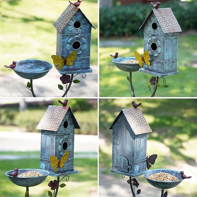 57" Metal Bird Bath & Birdhouse Combo – Outdoor Garden Decor 2-in-1 Feeder