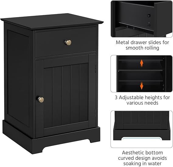 Black Wooden Bedside Table with Drawer & Cupboard | Adjustable Shelf Storage