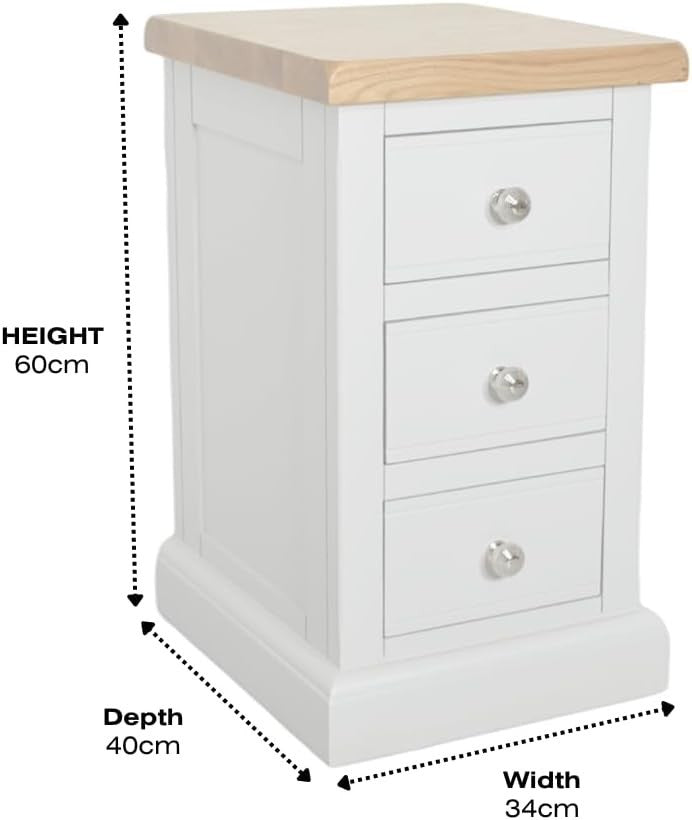 Painted Grey Bedside Table with 3 Drawers – Real Wood Slim Oak Top