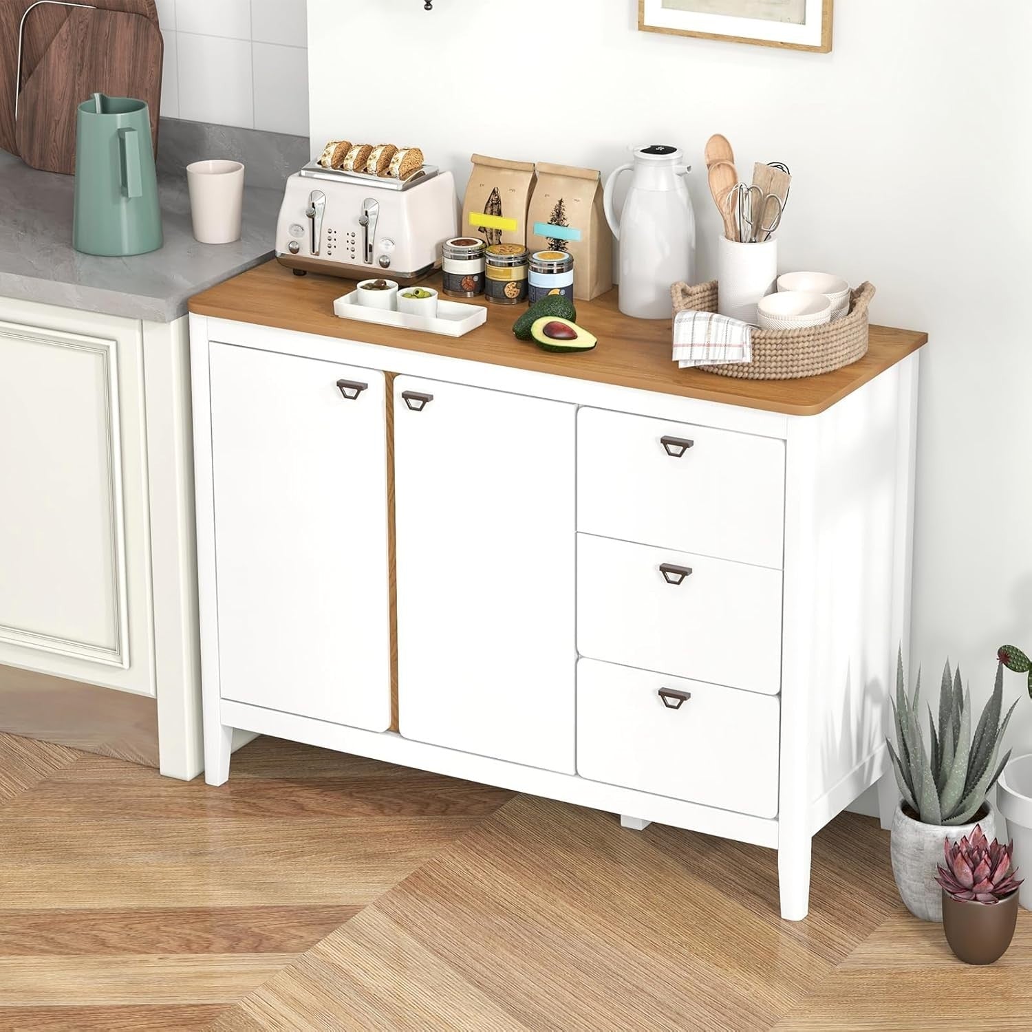 Adjustable Wooden Sideboard Cabinet with 3 Drawers & Large Storage Space