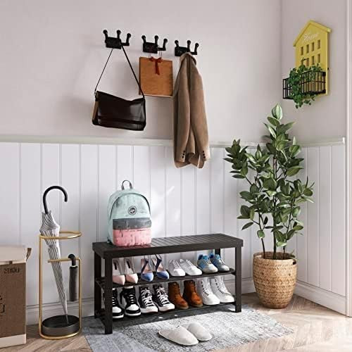 3-Tier Black Bamboo Shoe Rack Bench with Storage Shelf & Modern Design