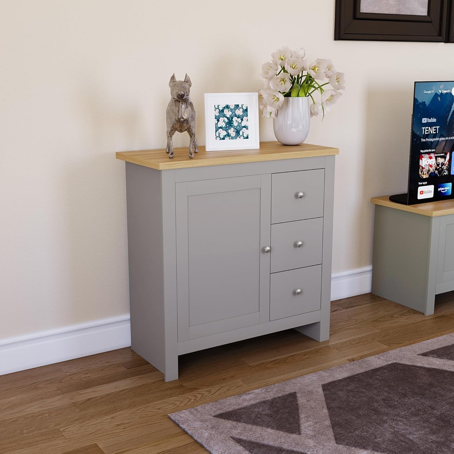 Grey Sideboard Storage Cabinet Unit with 3 Drawers 1 Door Oak Top Hallway
