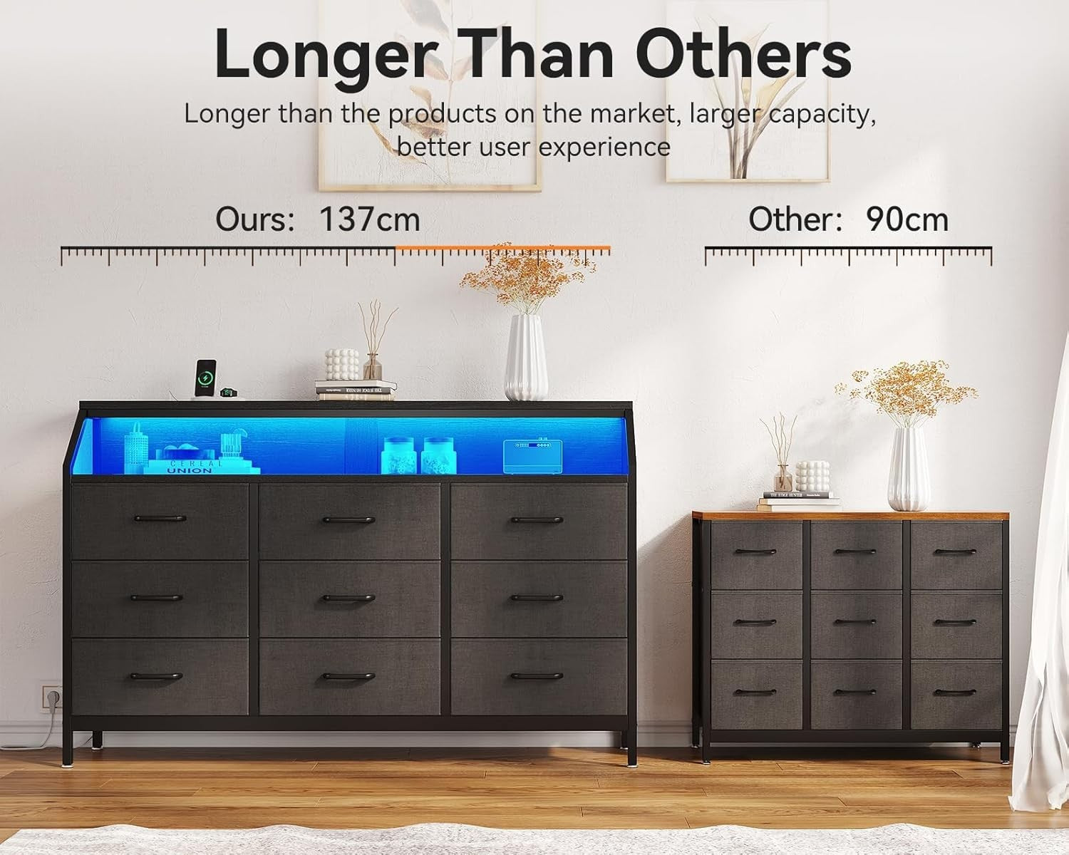Modern Black Chest of Drawers 9 Fabric Drawers USB Ports LED Light Strip