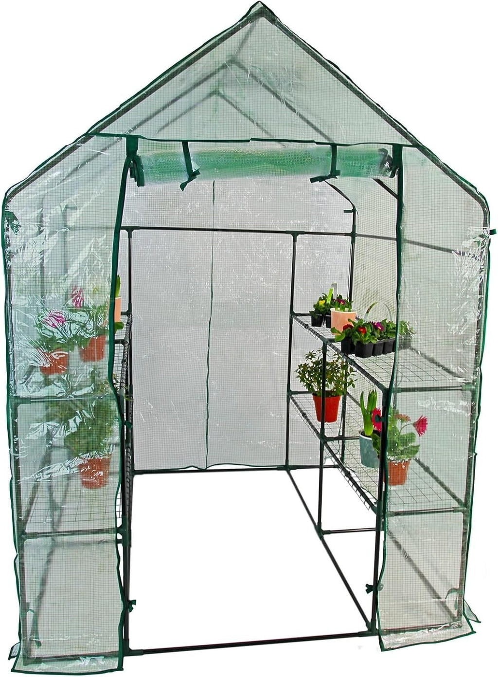 8-Shelf Walk-In Greenhouse with Waterproof PE Cover & Metal Frame 143x143x195cm