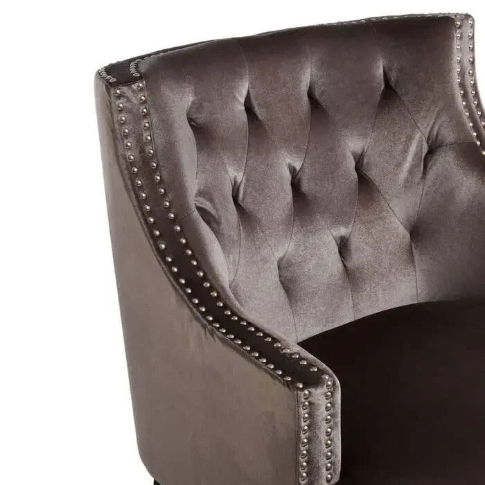 Grey Velvet Accent Chair – Tufted Armchair with Studs & Wooden Legs