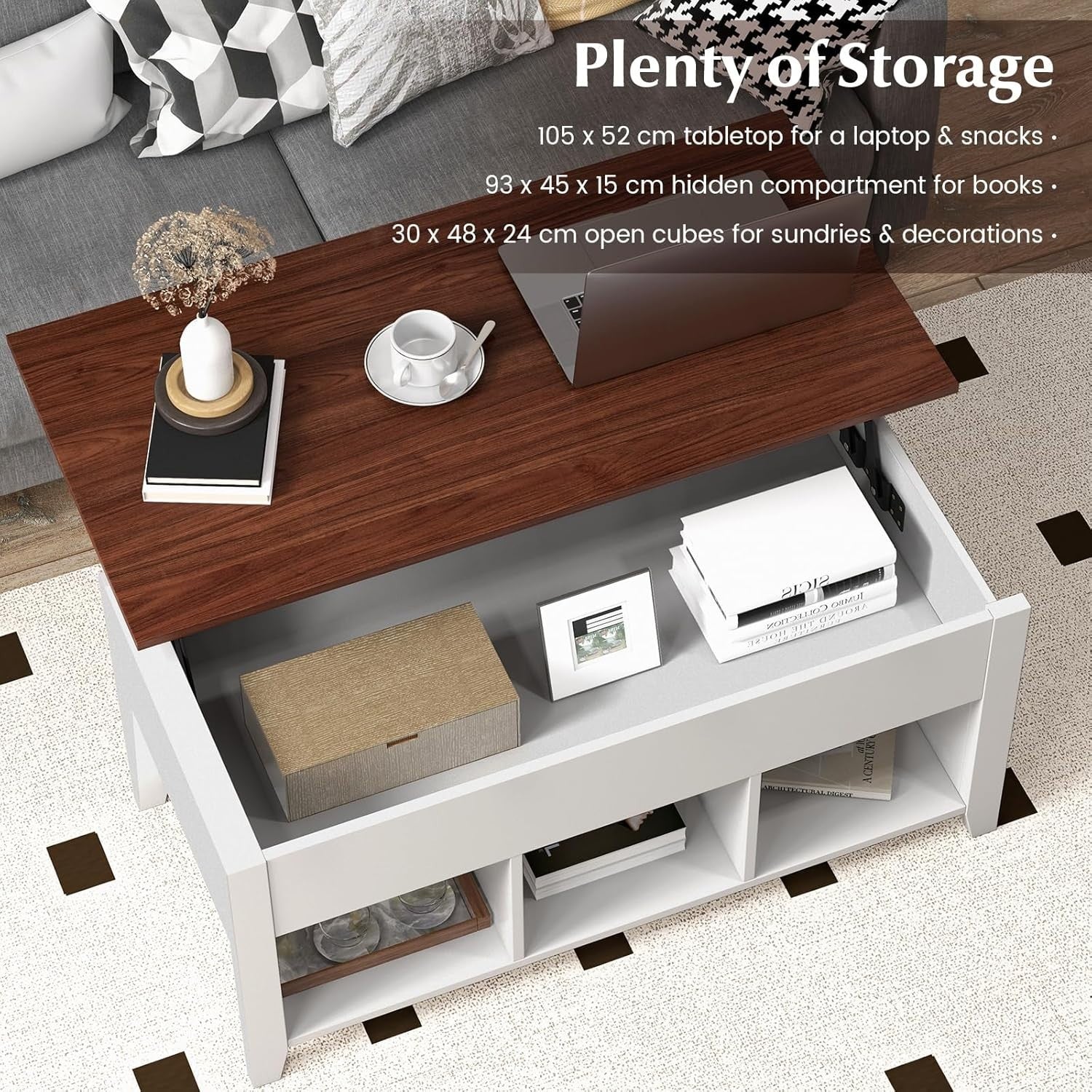 Lift Up Coffee Table with Hidden Storage & 3 Open Cubes, 105x52x49cm