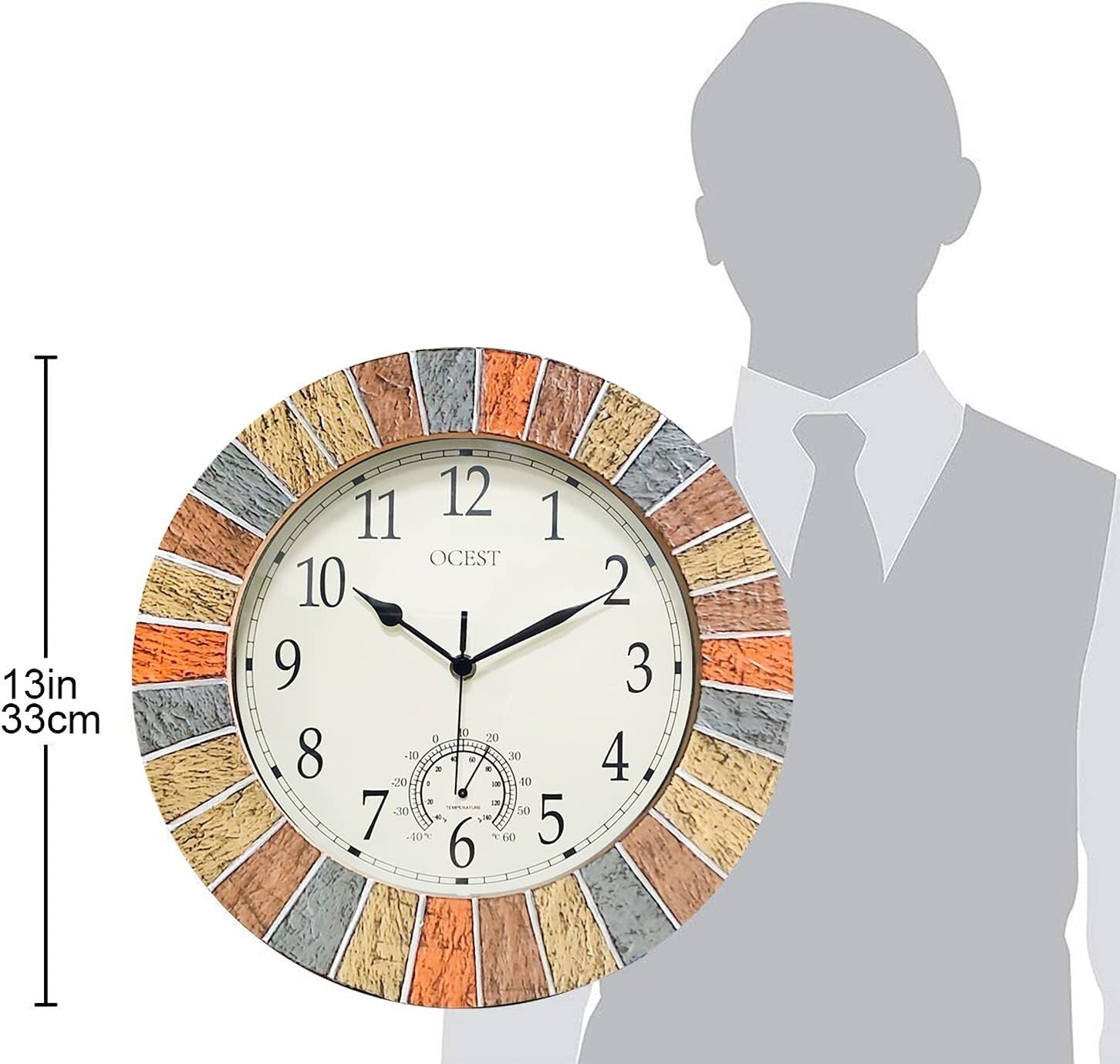 13" Outdoor Waterproof Garden Wall Clock Large Thermometer Retro Silent Decor